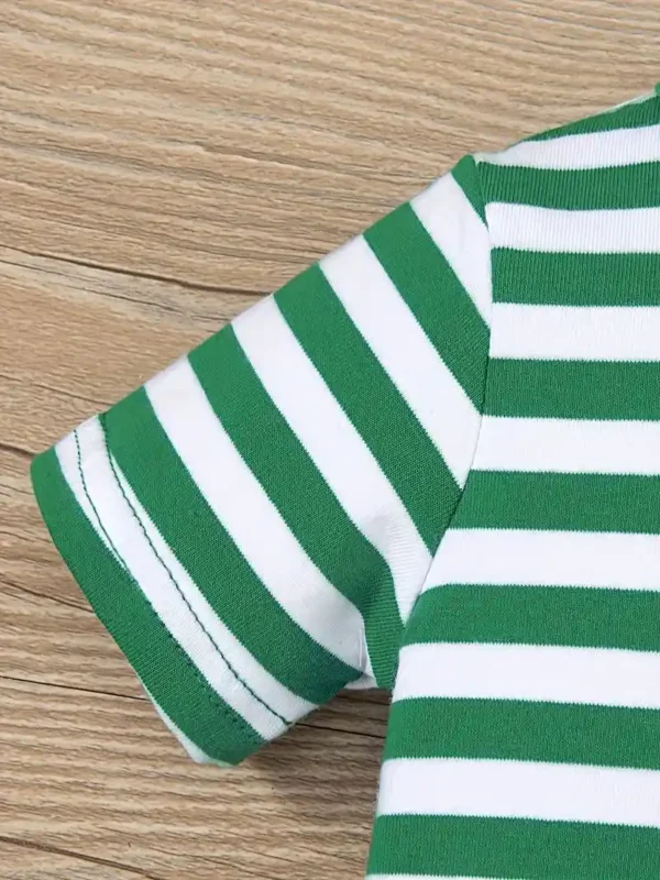 Infant Baby Cute Green Striped Round Neck Rainbow Embroidery Boxer One-piece Romper