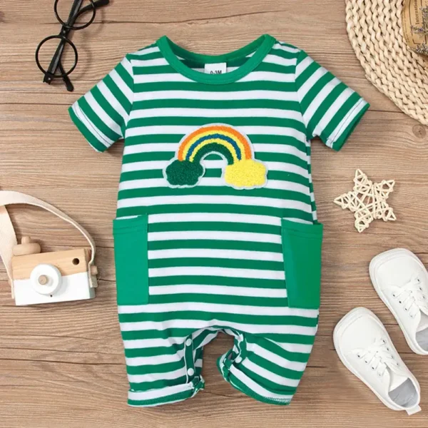Infant Baby Cute Green Striped Round Neck Rainbow Embroidery Boxer One-piece Romper