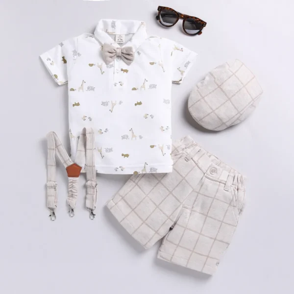 Boys-White-and-Beige-All-Over-Print-Shirt-and-Shorts-Formal-Set-with-Suspender-Bow-and-Cap