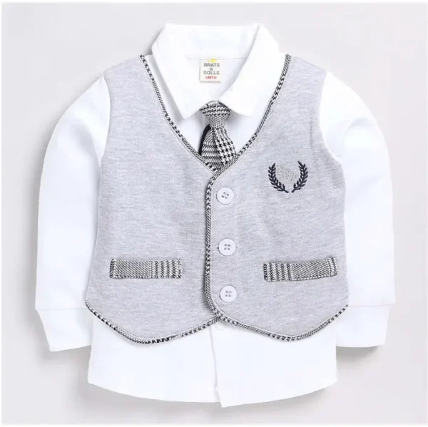 Boys Silver and White Houndstooth Print Shirt with Attached Waistcoat and Pant Formal Set