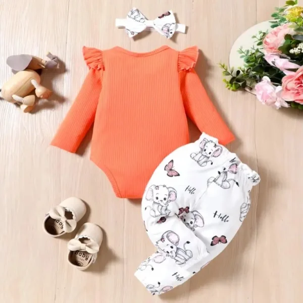 Girls Orange and White Elephant Print Onesie and Pant Set with Headband
