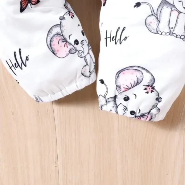 Girls Orange and White Elephant Print Onesie and Pant Set with Headband
