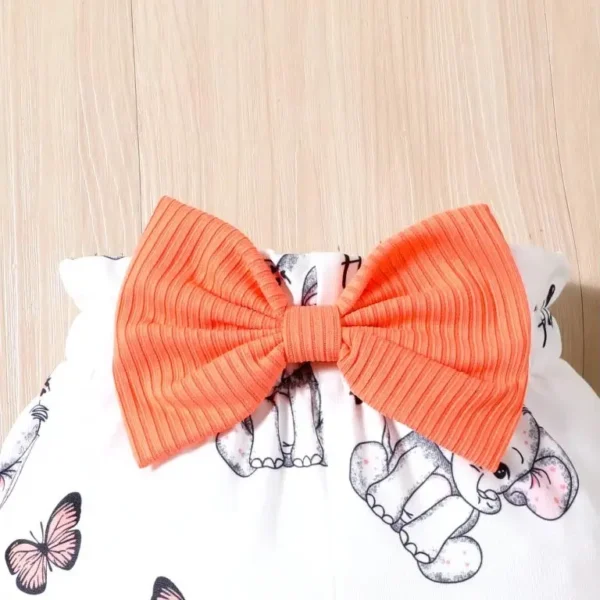 Girls Orange and White Elephant Print Onesie and Pant Set with Headband