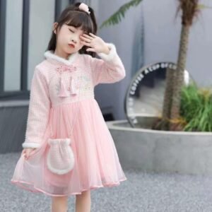 Girls Pink Fur Mandarin Collar Fleece Frock with Sling Lilibit