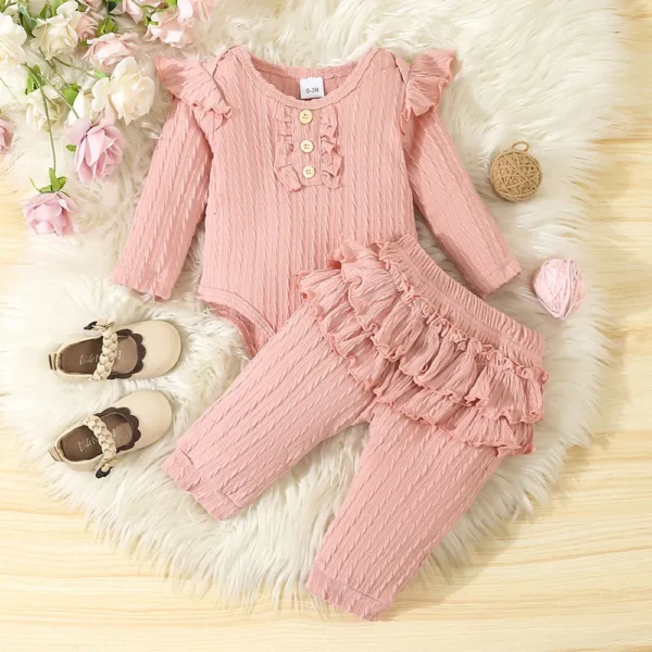 Girls Pink Ruffle Embellished Onesie and Jogger Set Lilibit12