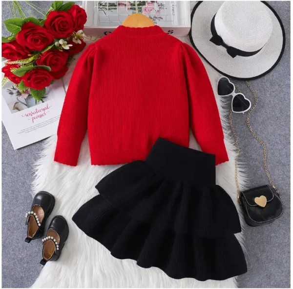 Girls Red and Black Bow Applique Full-Sleeve Sweater and Skirt Set Lilibit101