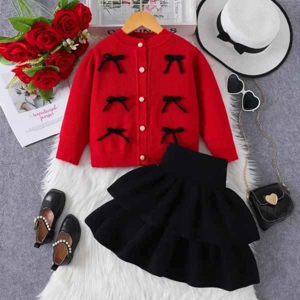 Girls Red and Black Bow Applique Full-Sleeve Sweater and Skirt Set Lilibit101