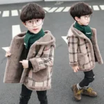 Boys Checkered Light Brown Hooded Mid Length Jacket - Image 3