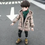 Boys Checkered Light Brown Hooded Mid Length Jacket