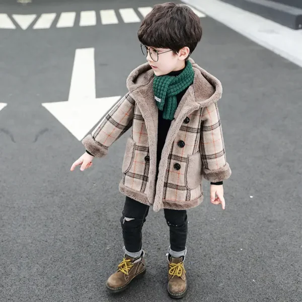 Boys Checkered Light Brown Hooded Mid Length Jacket