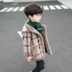 Boys Checkered Light Brown Hooded Mid Length Jacket - Image 2