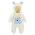 Blue on off white hooded FUR romper