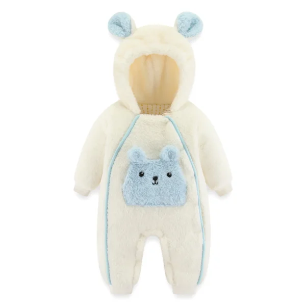 Blue on off white hooded FUR romper