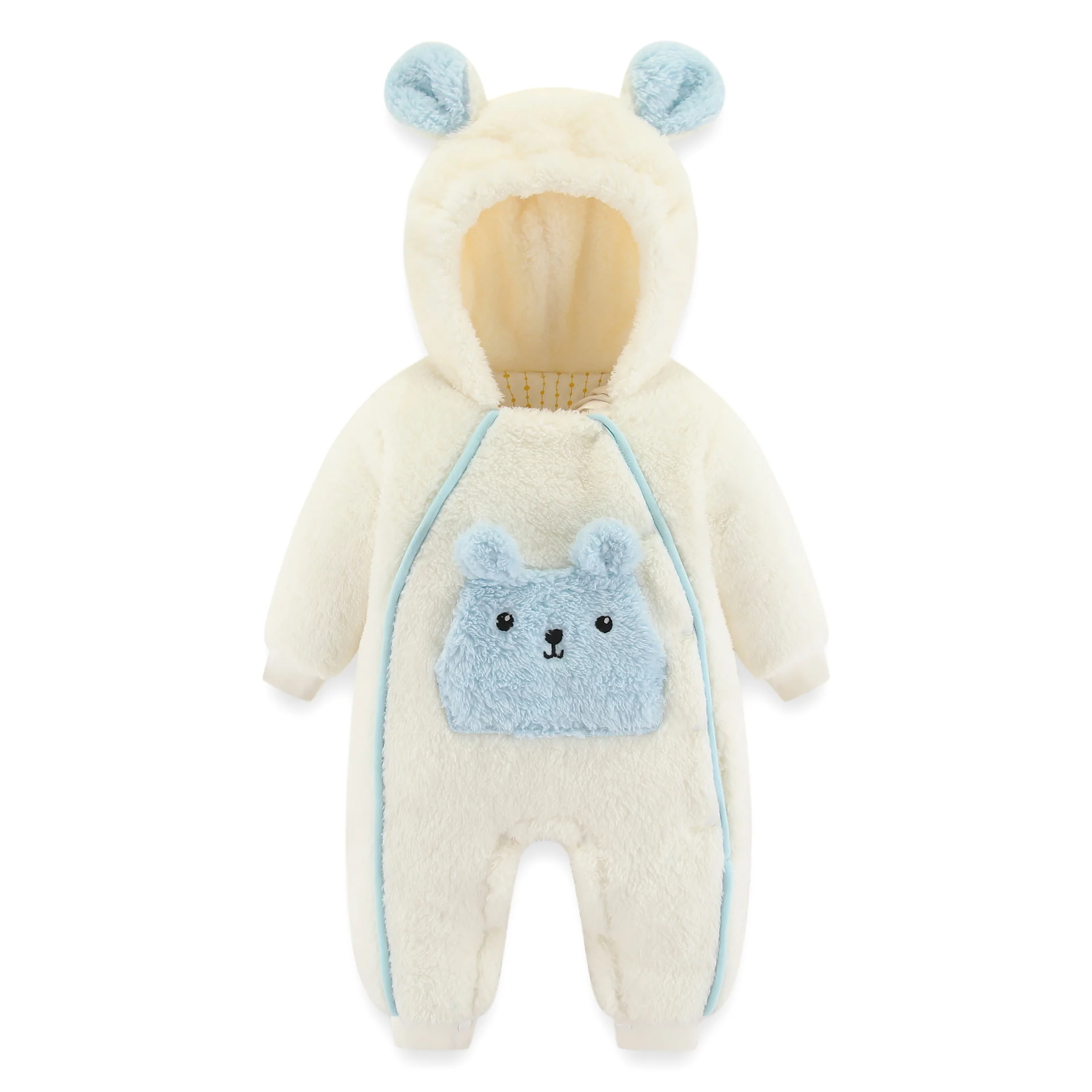 1 (4) (3) Blue on off white hooded FUR romper - Image 1