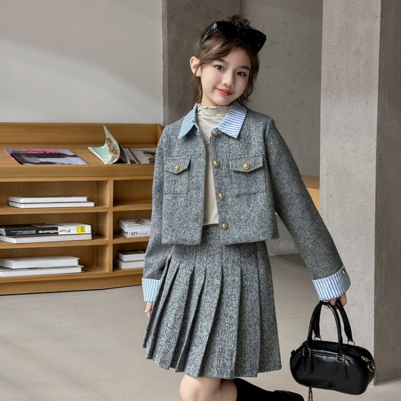 Blue Cuff dark Grey Skirt and jacket Set-1 Blue Cuff dark Grey Skirt and jacket Set - Image 1