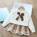 Beige With Brown Bow Girls Sweater And Pleated Knit Skirt Set