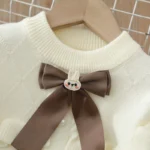Beige With Brown Bow Girls Sweater And Pleated Knit Skirt Set - Image 6