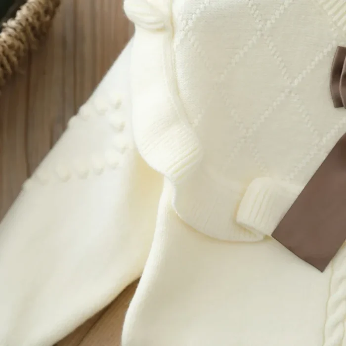 Beige With Brown Bow Girls Sweater And Pleated Knit Skirt Set - Image 5