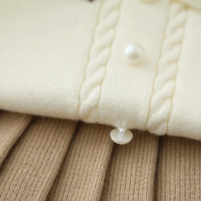 Beige With Brown Bow Girls Sweater And Pleated Knit Skirt Set - Image 4