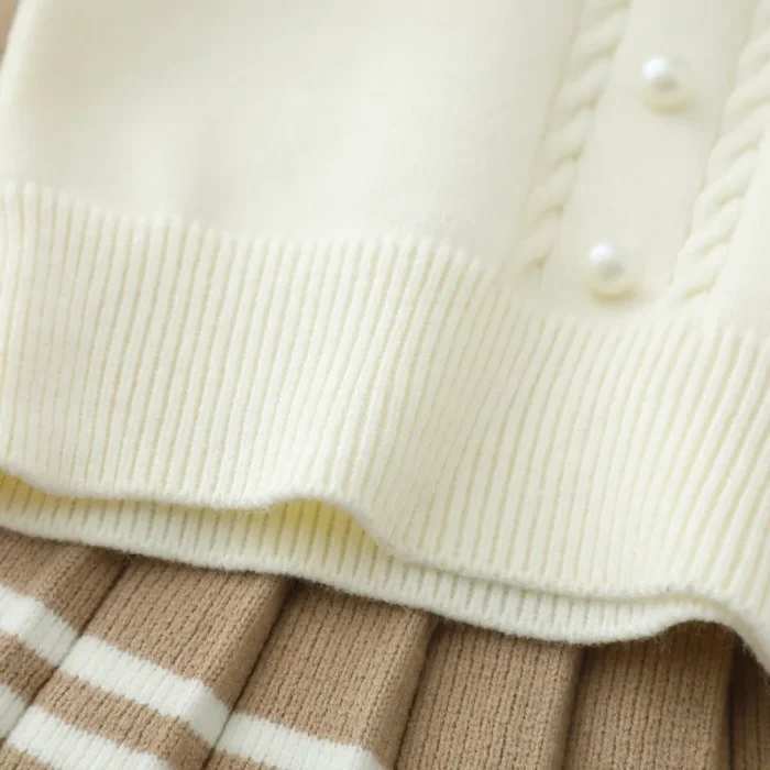 Beige With Brown Bow Girls Sweater And Pleated Knit Skirt Set - Image 3