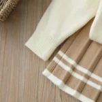 Beige With Brown Bow Girls Sweater And Pleated Knit Skirt Set - Image 2