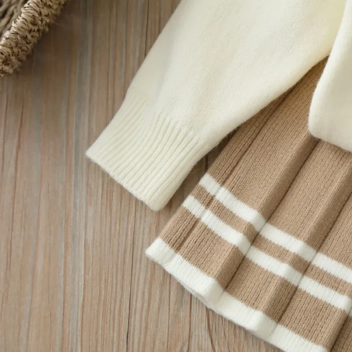Beige With Brown Bow Girls Sweater And Pleated Knit Skirt Set - Image 2