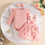 Baby Girl Peach Pinafore Outfit – Full-Sleeve Romper & Headband Set