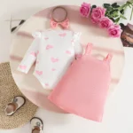 Heart Print Baby Romper & Dungaree Set with Matching Headband – Full-Sleeve White Outfit - Image 7