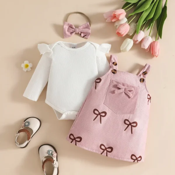 Bow Print Baby Romper & Dungaree Set with Matching Headband – Full-Sleeve White Outfit