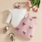 Bow Print Baby Romper & Dungaree Set with Matching Headband – Full-Sleeve White Outfit - Image 3