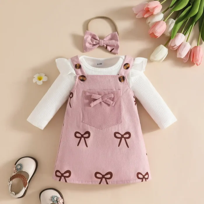 Bow Print Baby Romper & Dungaree Set with Matching Headband – Full-Sleeve White Outfit - Image 2