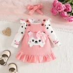 Kitty Print Baby Romper & Dungaree Set with Matching Headband – Full-Sleeve White Outfit - Image 2