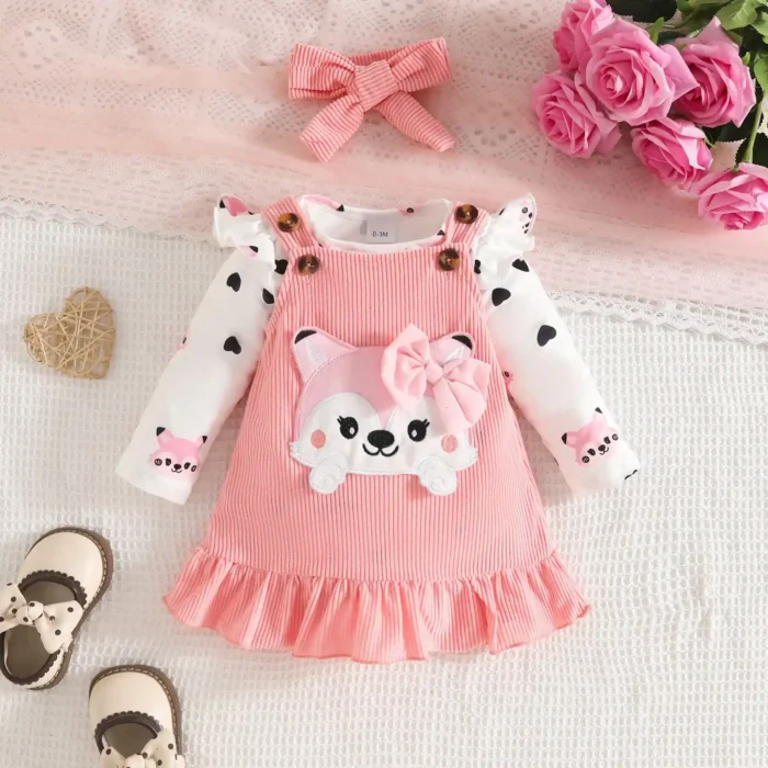 Kitty Print Baby Romper & Dungaree Set with Matching Headband – Full-Sleeve White Outfit - Image 2