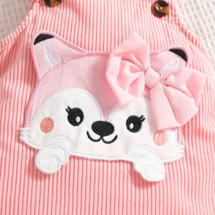 Kitty Print Baby Romper & Dungaree Set with Matching Headband – Full-Sleeve White Outfit - Image 3