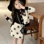 Korean Flower Print Beige Knit Skirt and Jacket Set - Image 2