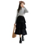 Fashionable Thick Long layered Pleated Black Skirt and Grey High Neck Top Set 5-10Y