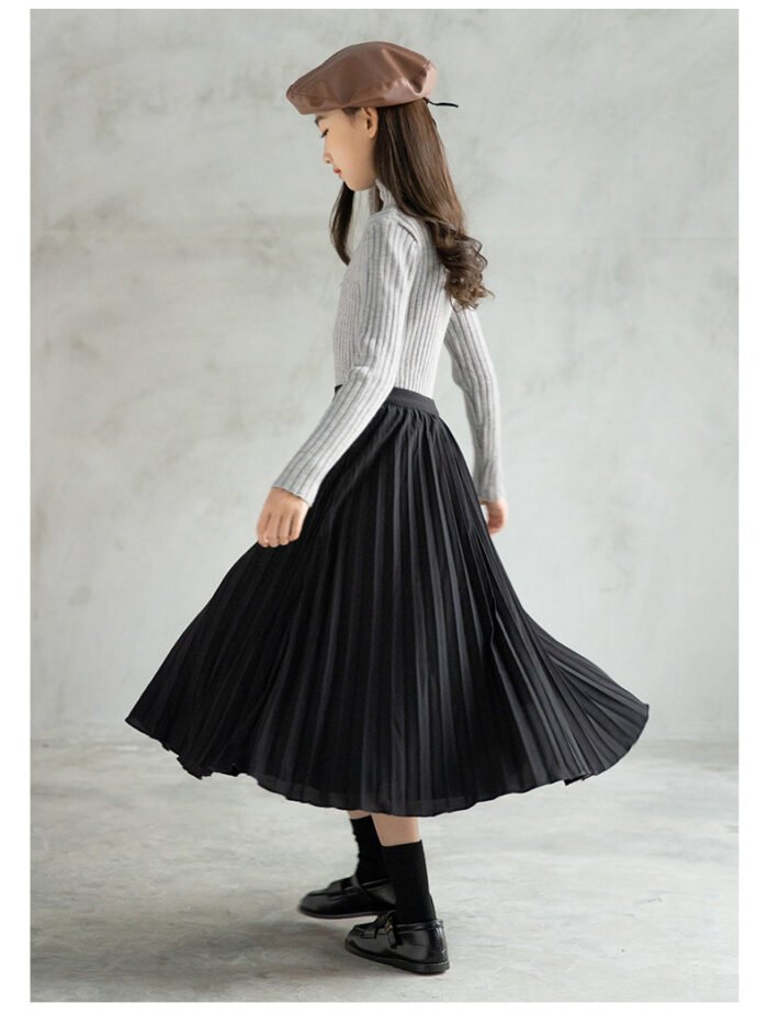 Fashionable Thick Long layered Pleated Black Skirt and Grey High Neck Top Set 5-10Y - Image 3