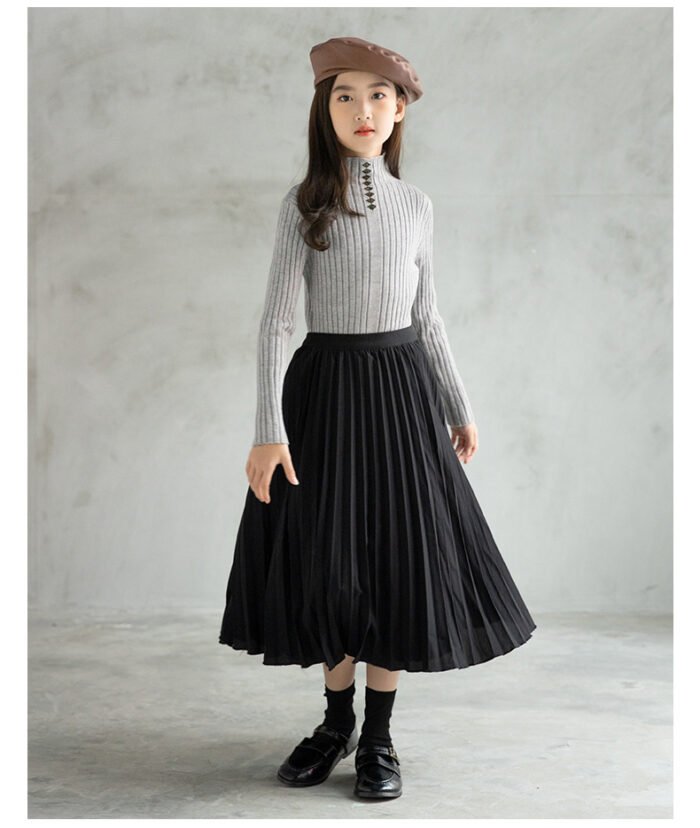 Fashionable Thick Long layered Pleated Black Skirt and Grey High Neck Top Set 5-10Y - Image 4