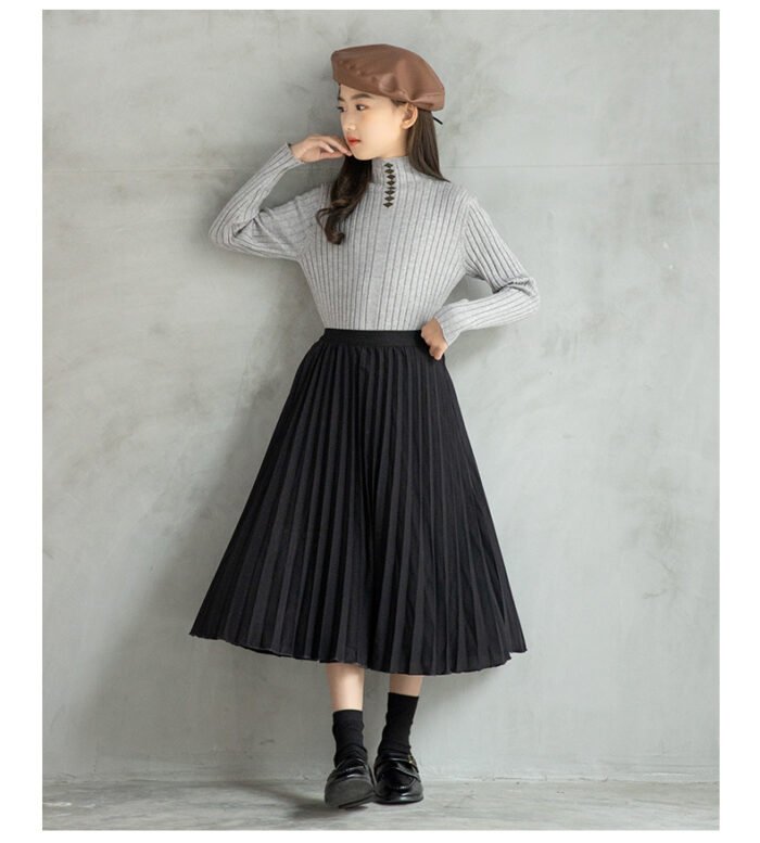 Fashionable Thick Long layered Pleated Black Skirt and Grey High Neck Top Set 5-10Y - Image 2