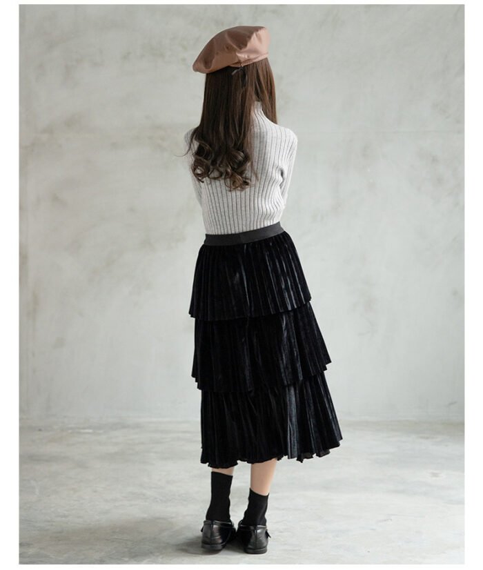 Fashionable Thick Long layered Pleated Black Skirt and Grey High Neck Top Set 5-10Y - Image 5