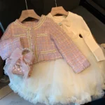 Pink Plaid jacket and off white frock dress set - Image 7