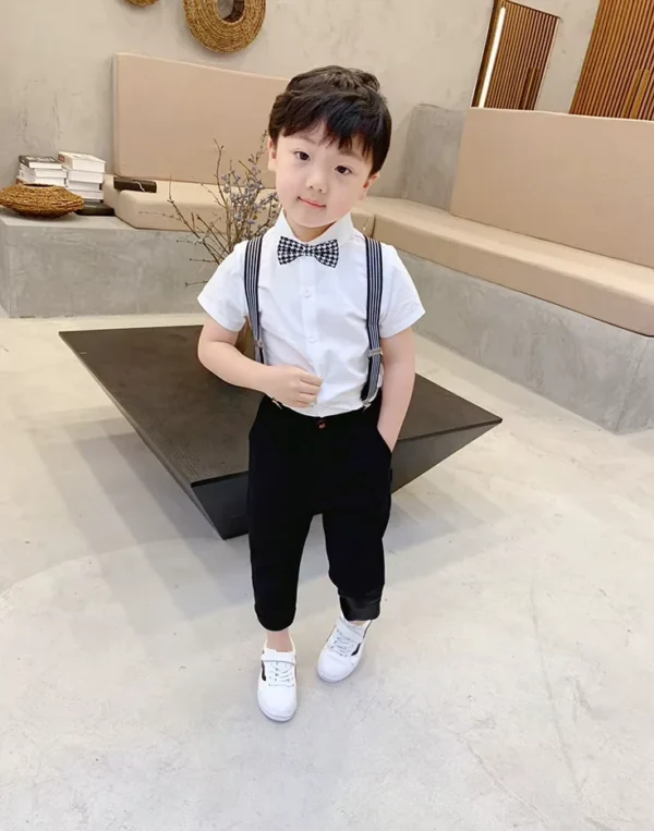 Boys White Shirt, Black / Beige Trouser, Suspender belt and bow tie semi formal suit