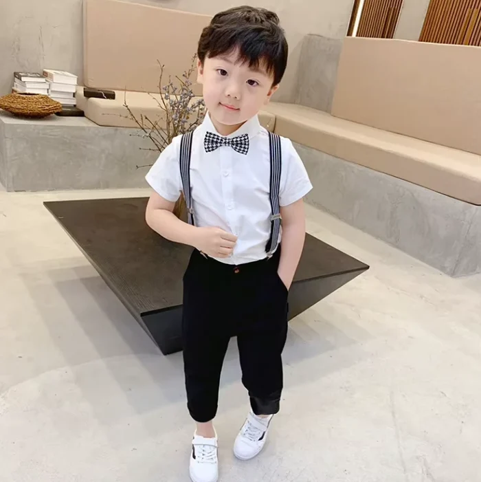 Boys White Shirt, Black / Beige Trouser, Suspender belt and bow tie semi formal suit - Image 2