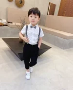 Boys White Shirt, Black / Beige Trouser, Suspender belt and bow tie semi formal suit - Image 3