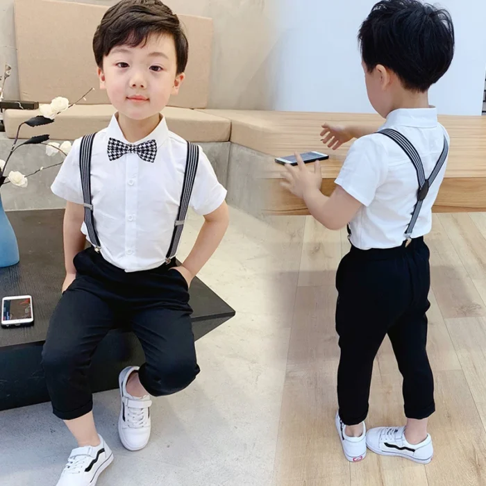 Boys White Shirt, Black / Beige Trouser, Suspender belt and bow tie semi formal suit - Image 4