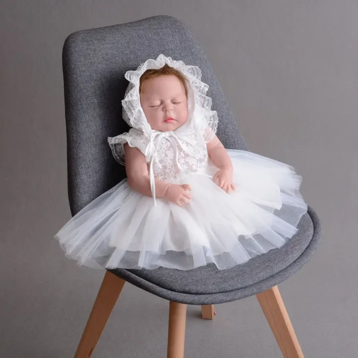 White Net Baptism style Frock with matching hat 0-2Years - Image 2