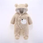 Unisex Beige Puppy Print footed Fur romper - warm and cozy - for infants