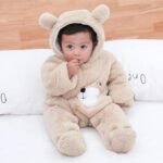 Unisex Beige Puppy Print footed Fur romper - warm and cozy - for infants - Image 3