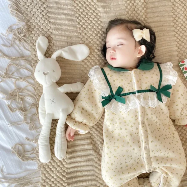 Girls Korean Newborn Baby Winter Outfits Green ribbon bow Beige-Fur Onesie