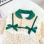 Girls Korean Newborn Baby Winter Outfits Green ribbon bow Beige-Fur Onesie - Image 4